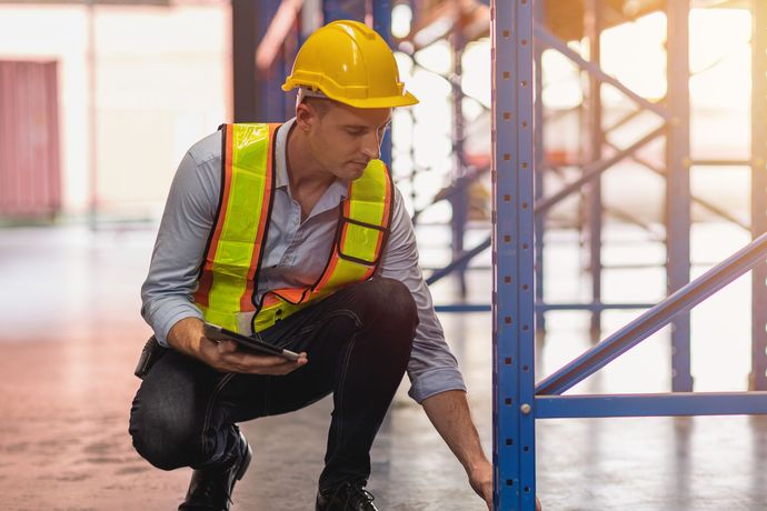 Man in hard hat and vest inspecting warehouse shelving, holding a tablet.