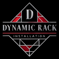 Dynamic Rack Installation logo: silver and red geometric design with 