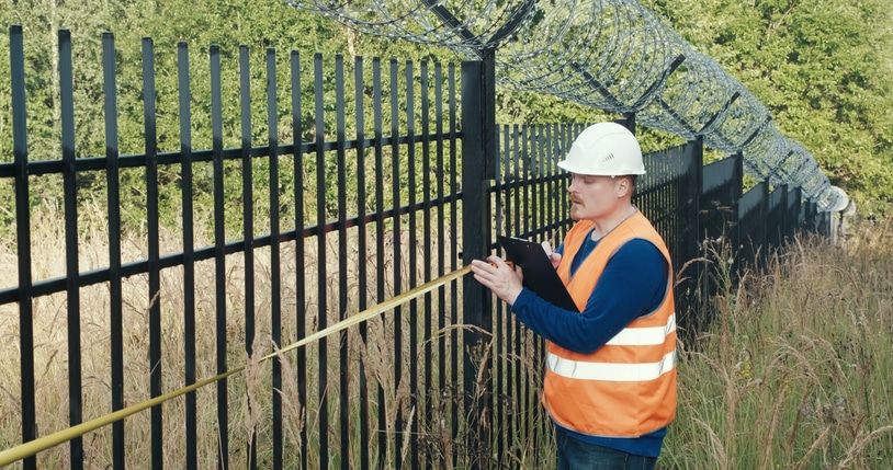 A man is measuring a fence with a tape measure.