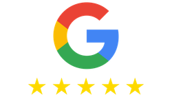 Google logo with five gold stars below it