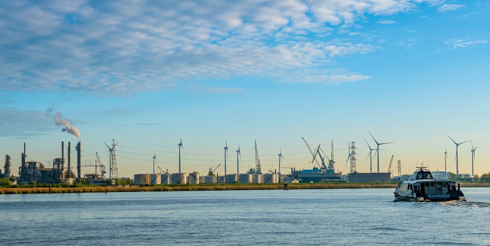 Man taking selfie with group of people on scooters in front of cargo ship at dock.