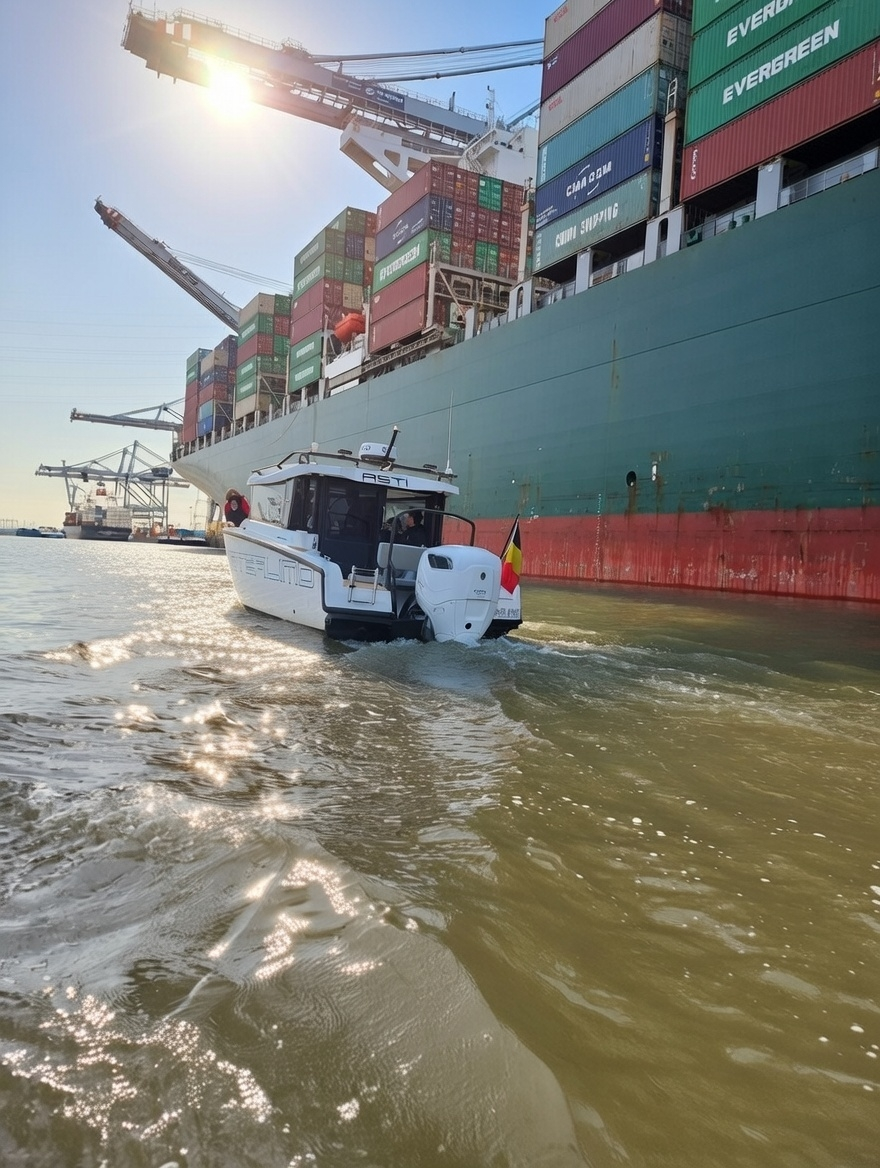 A small white boat sails near a large green cargo ship in a harbor, with the sun shining in the background.