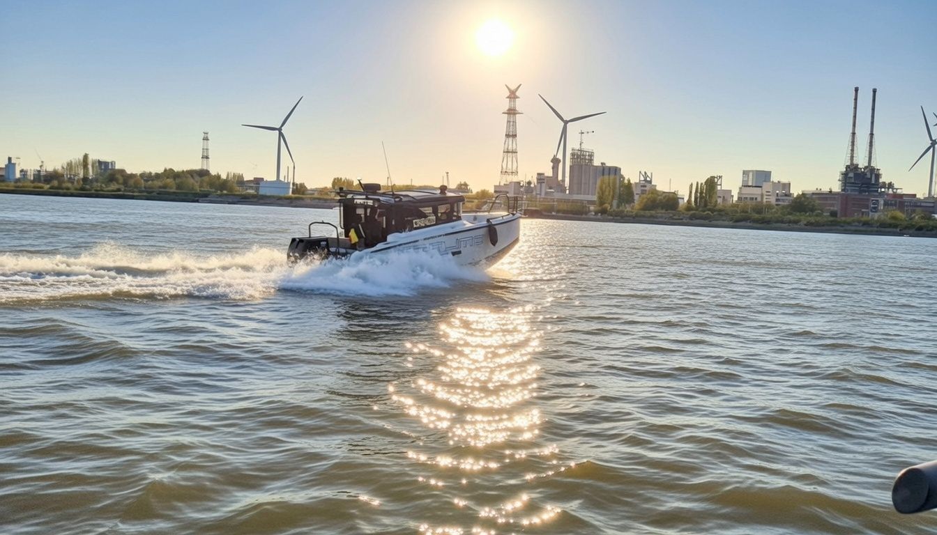 Motorboat speeds across water, sun reflecting, with industrial buildings and wind turbines in the background.