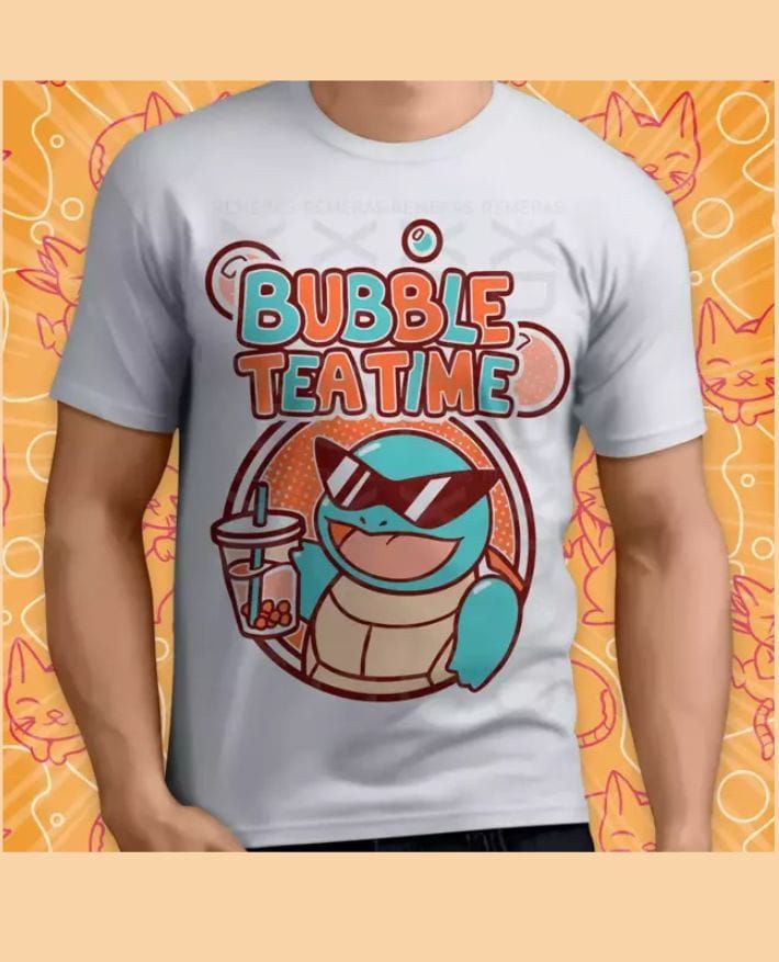 Un hombre lleva una camiseta que dice "Bubble Tea Time"