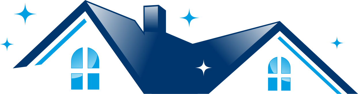 A blue house with a chimney and stars on the roof.
