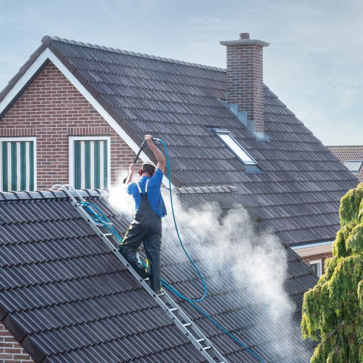 A man on a ladder cleaning the roof of a house