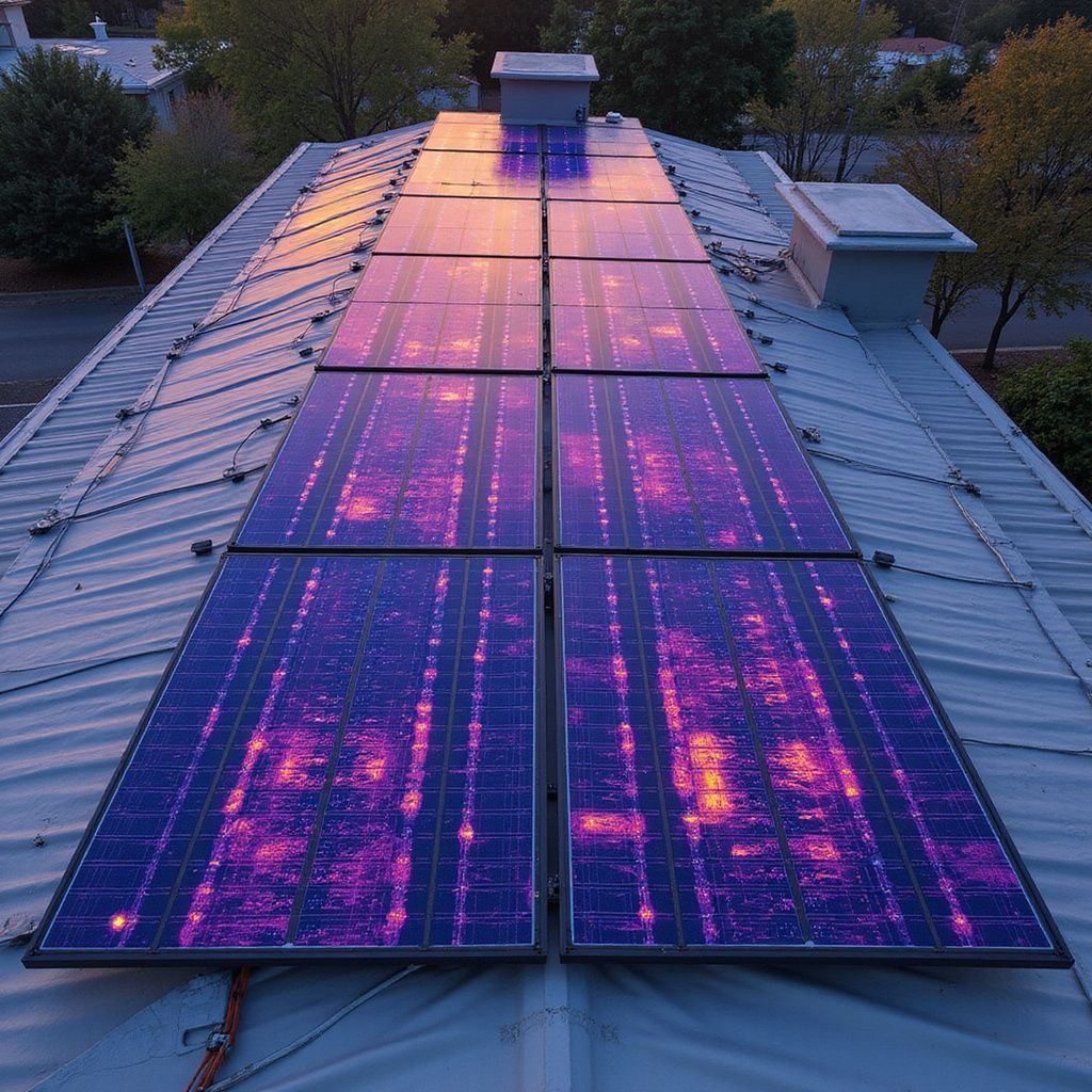 Solar panels on a rooftop at dusk, glowing purple and pink under fading light.