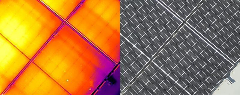 Split screen thermal image of solar panel