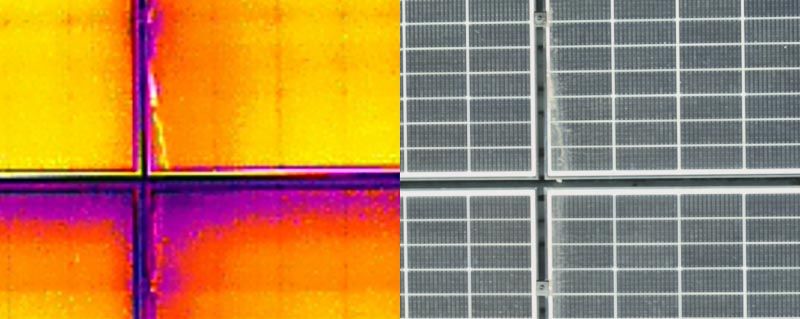 Thermal and visible view of solar panels, showing hot orange areas and gray panel grid lines.