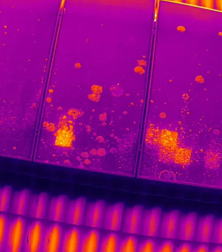 Purple-tinted ceiling panels with bright orange spots above rows of overhead lights