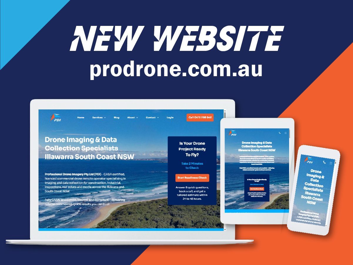 Website promo for prodrone.com.au on laptop, tablet, and phone with “NEW WEBSITE” text and blue-orange background,