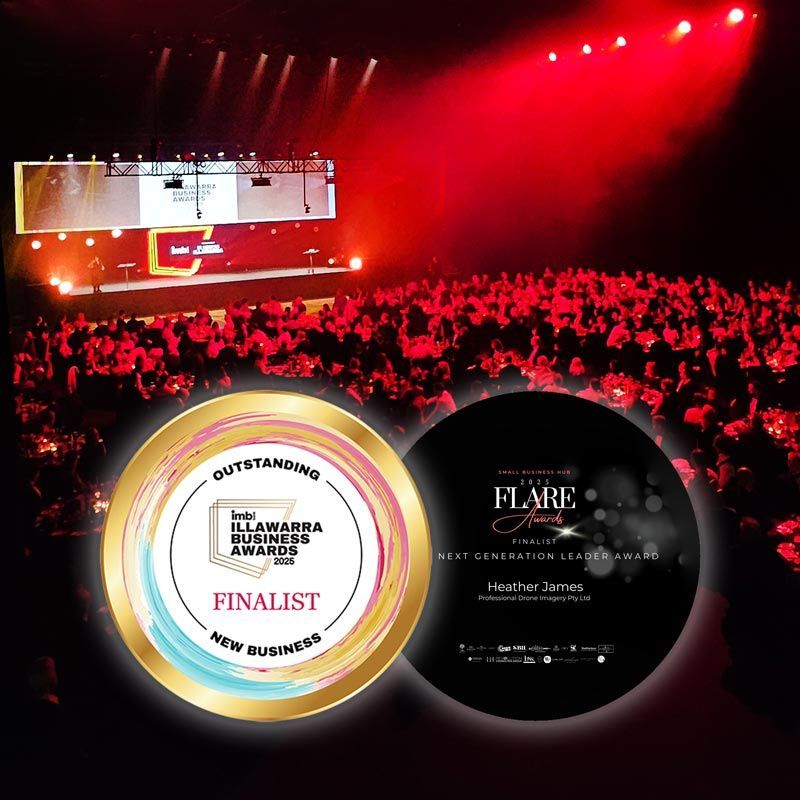 IMB Bank Illawarra Business Awards 2025 Logo Outstanding New Business PDI Red-lit concert crowd with two award medallions overlaid in the foreground
