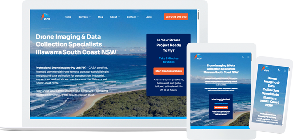 Professional Drone Imagery Pty Ltd (PDI) new website Responsive coastal resort website shown on laptop, tablet, and phone with blue ocean hero image