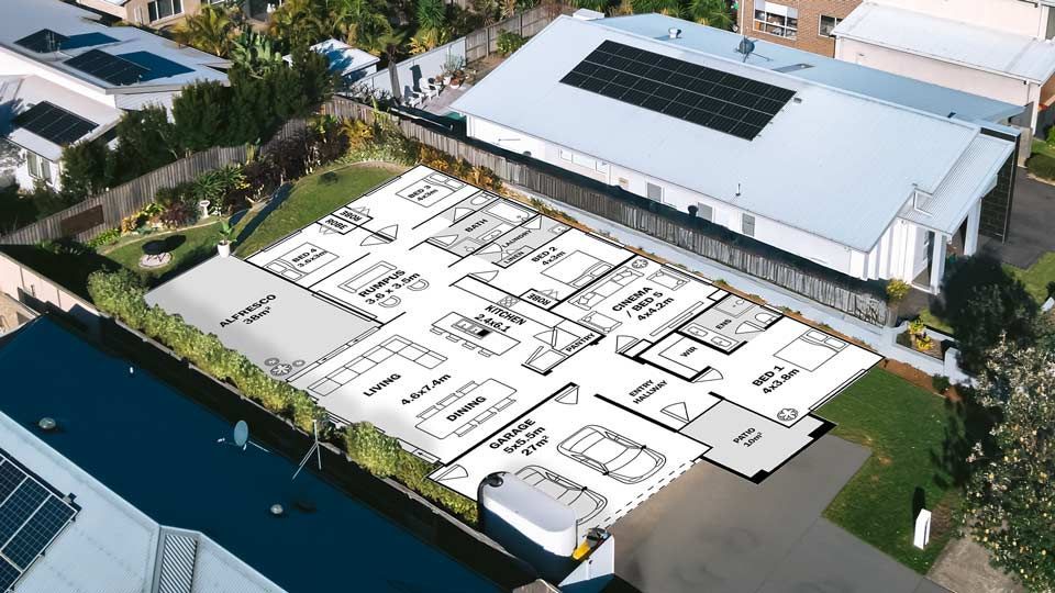 Aerial photo of home with floorplan overlay in Thirroul NSW