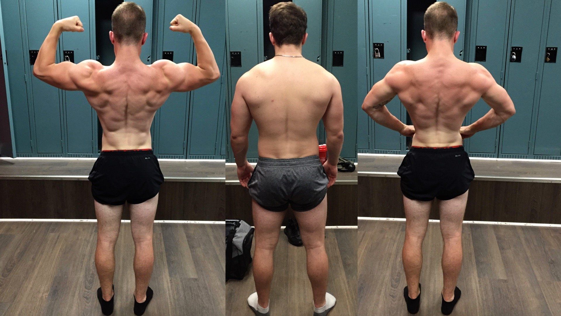 A man is flexing his muscles in a locker room