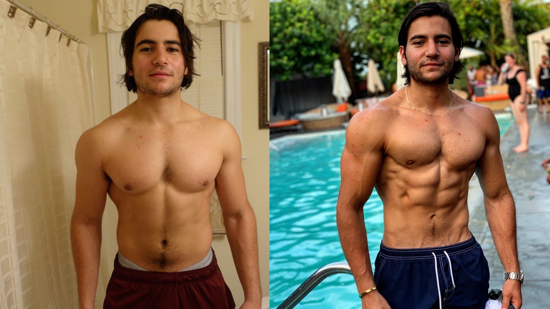 A before and after picture of a shirtless man standing next to a pool.