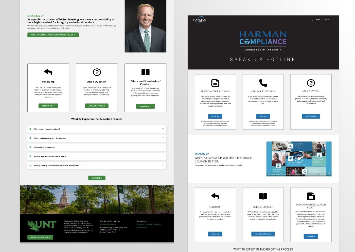 UNT and Harman Speak Up Page screenshots