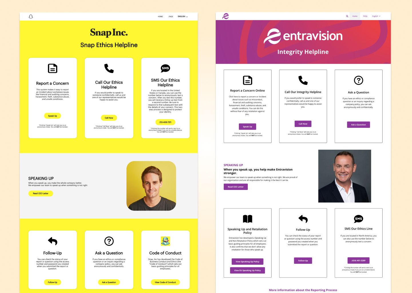 Snap and Entravision Speak Up Page screenshots