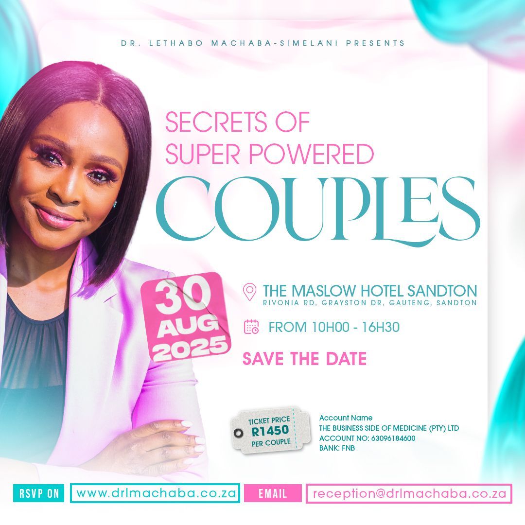 A woman is standing in front of a sign that says secrets of super powered couples.