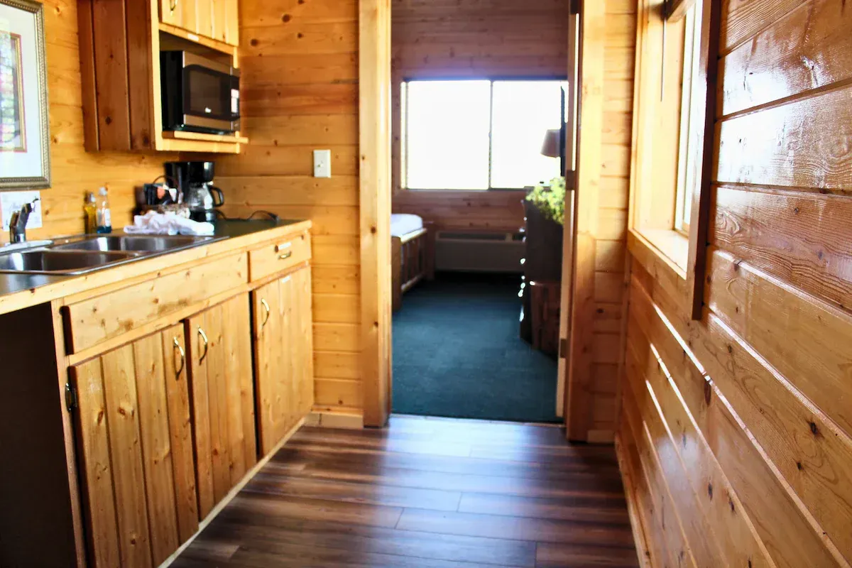 Interior of a cabin with wooden walls. Kitchen with microwave, sink, and open doorway to a bedroom.