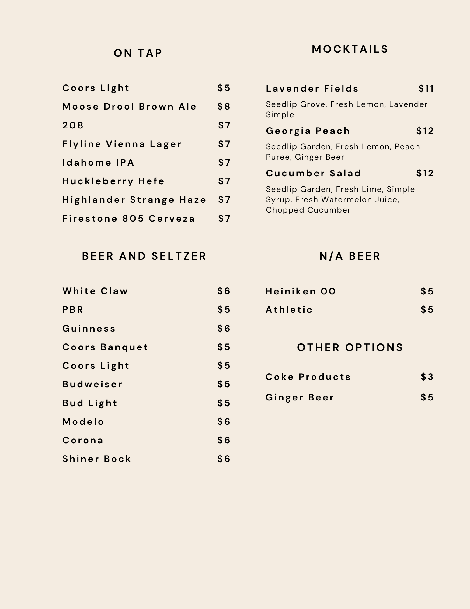 Menu with beer and cocktail options on tap, beers, seltzers, and other beverages.