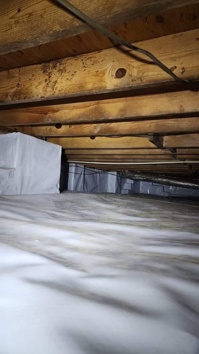 Crawlspace under a house with wooden beams and insulation along the floor and walls