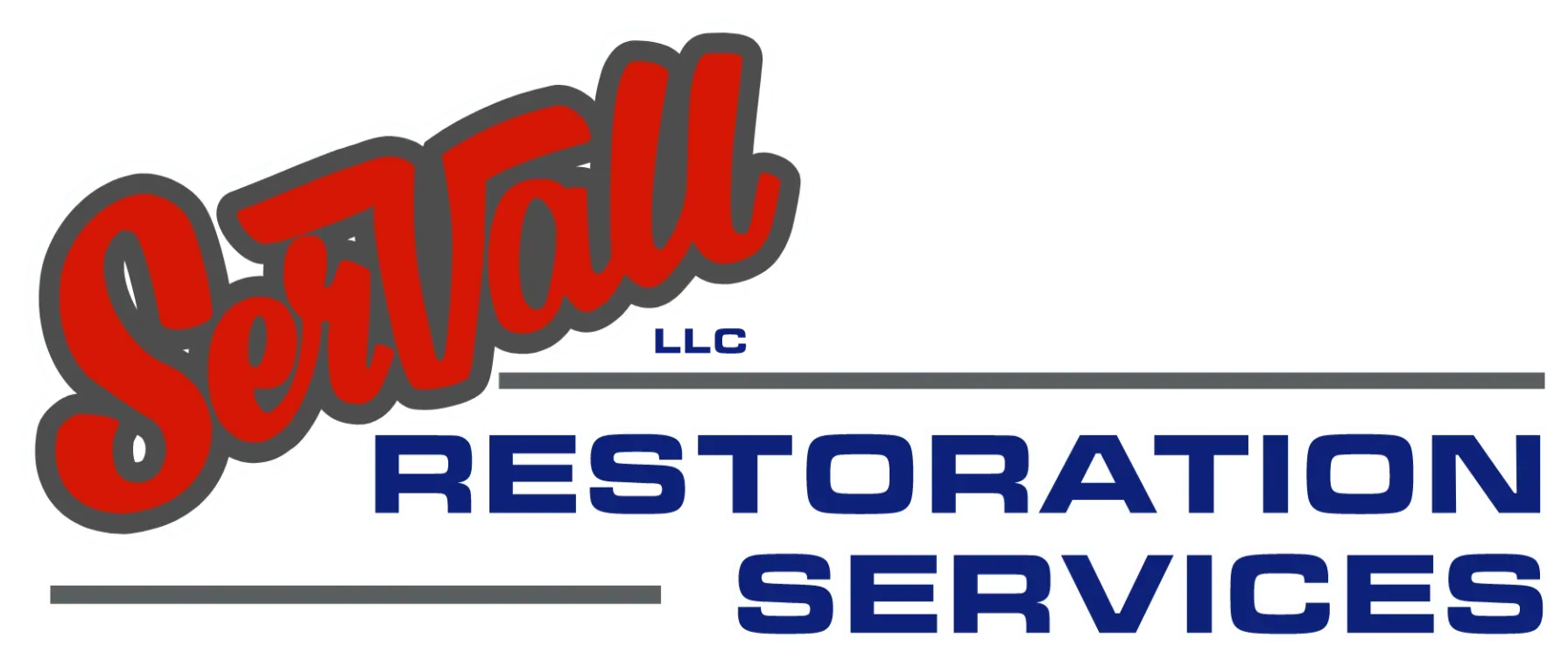 ServAll LLC Restoration Services logo in red, white, and blue with a stylized roofline