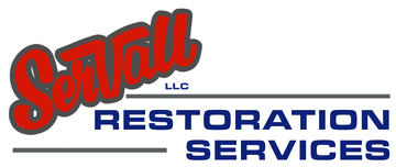 ServAll LLC Restoration Services logo in red, white, and blue with a stylized roofline