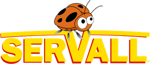 Logo reading “SERVALL” with a cartoon orange ladybug perched above the text