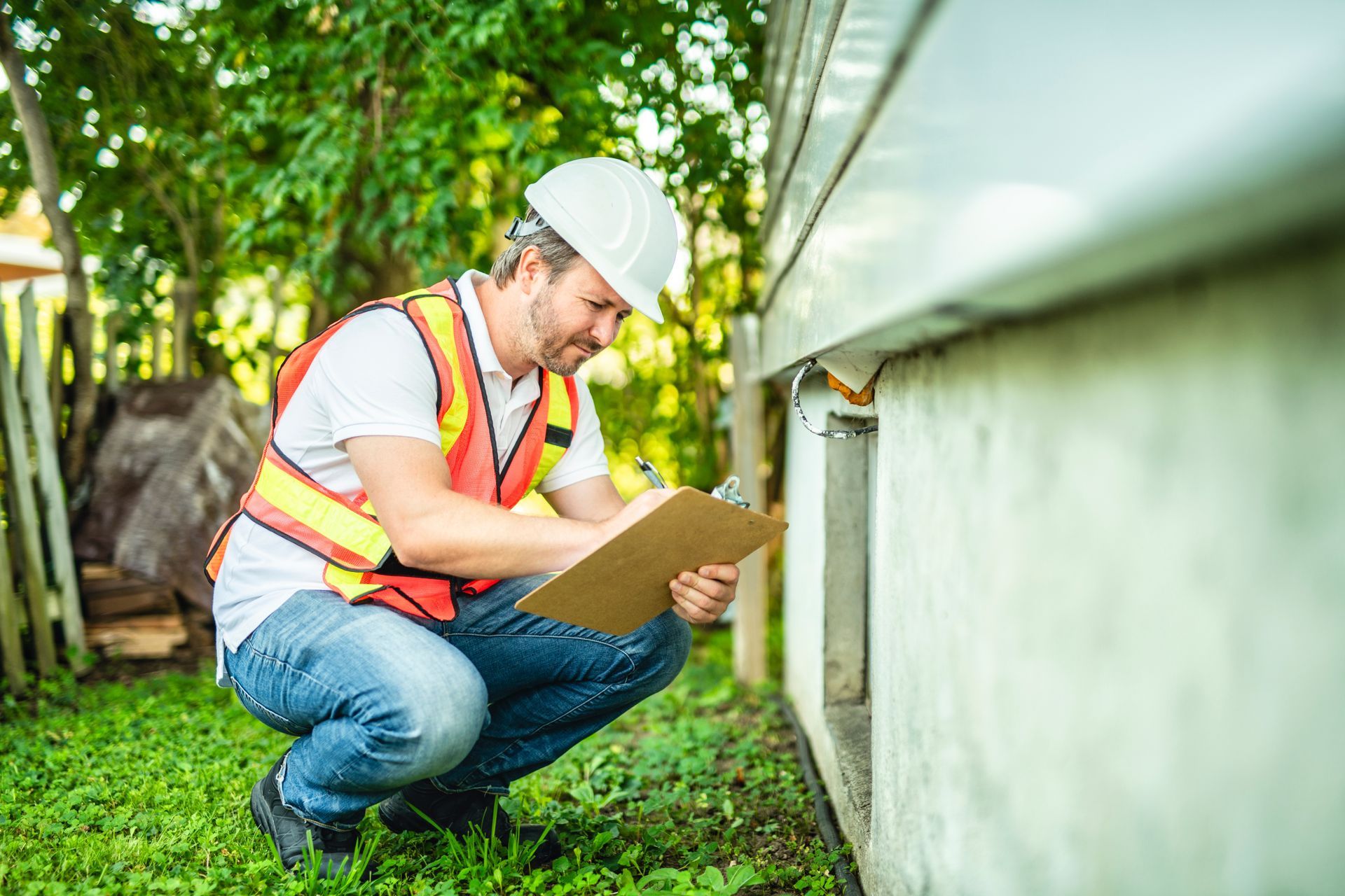 Worker in a hard hat and safety vest inspecting the base of a building with a clipboard.