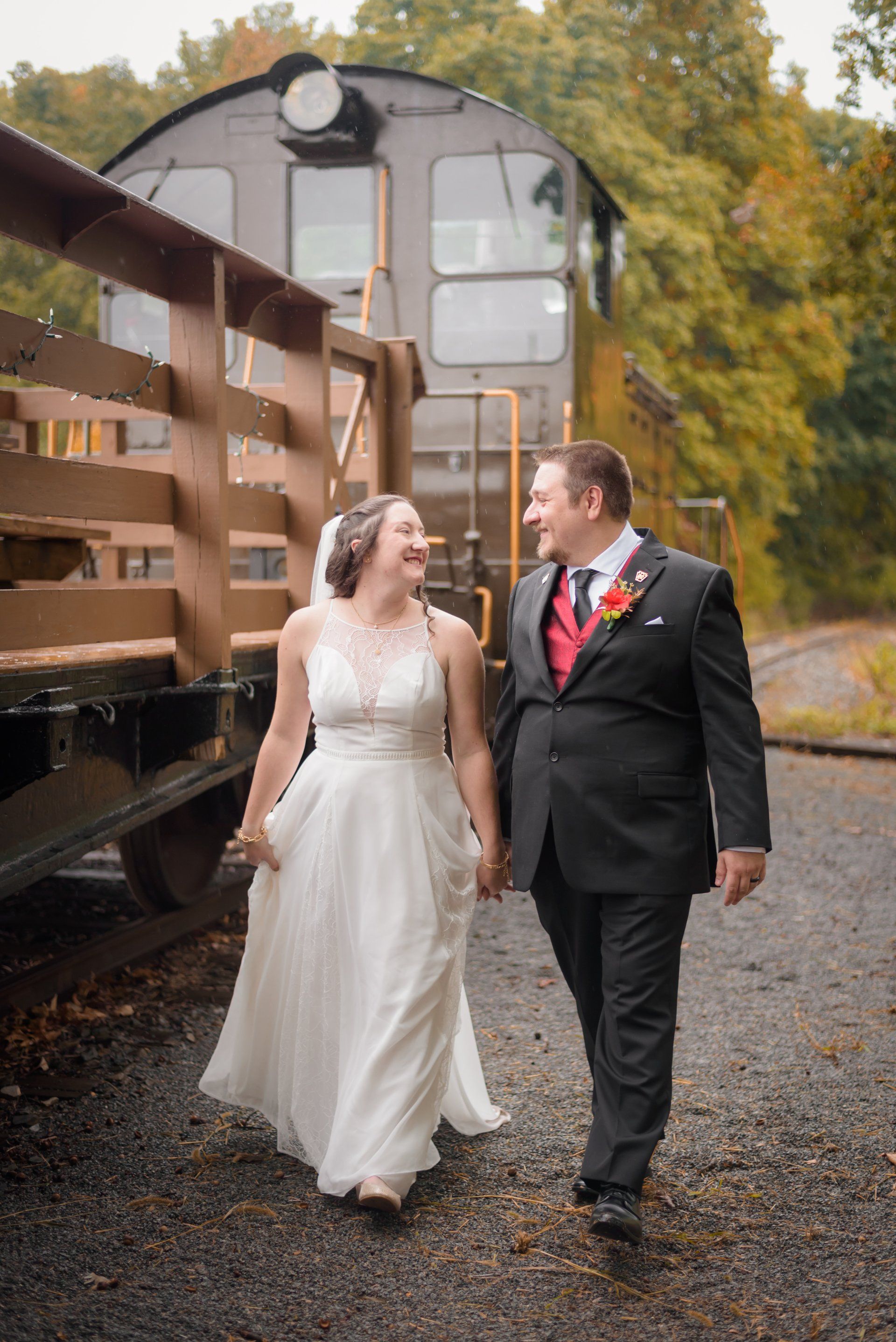 Wedding Couple walking ouside of a venue in Pennsylvania