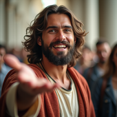 A man with long hair and a beard is smiling and reaching out his hand