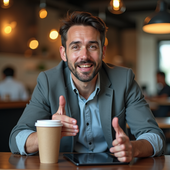 A man is sitting at a table with a cup of coffee and a tablet.