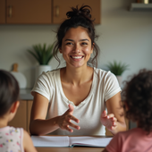 A woman is smiling while sitting at a table with two children.