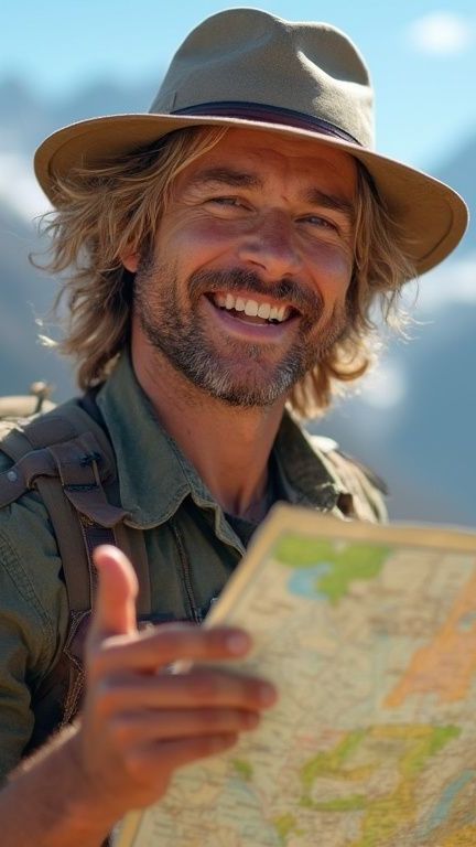 A man in a hat is holding a map and smiling.