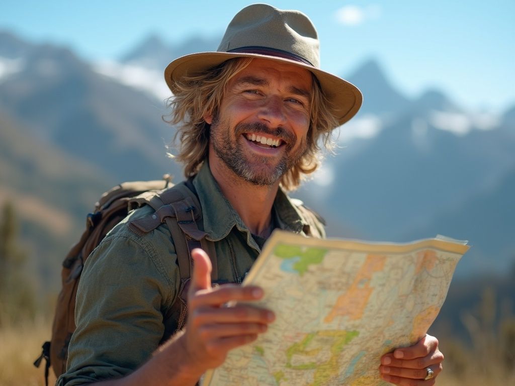 A man in a hat is holding a map and giving a thumbs up.