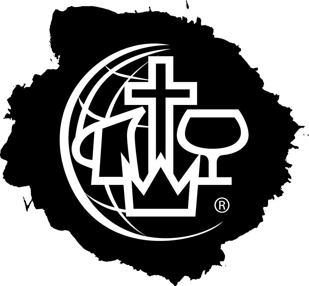 A black and white logo with a cross and a crown in a circle.