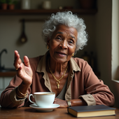 An elderly woman is sitting at a table with a cup of coffee and a book.