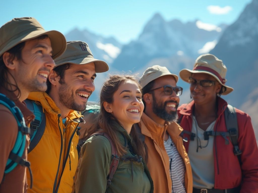 A group of people are standing next to each other and smiling in front of  a mountain.