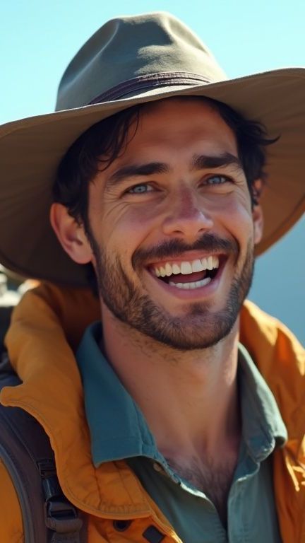 A man with a beard is wearing a cowboy hat and smiling