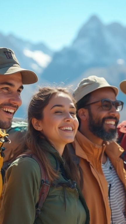 A group of people are standing next to each other and smiling in front of  a mountain.