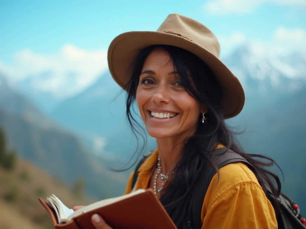 A woman wearing a hat is smiling while holding a book