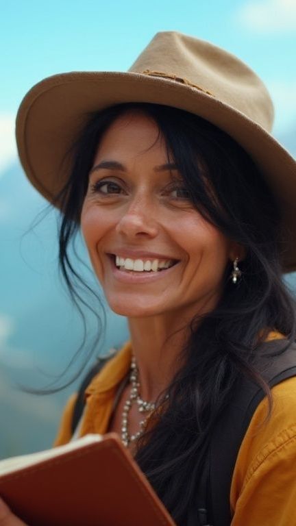 A woman wearing a hat is smiling while holding a book