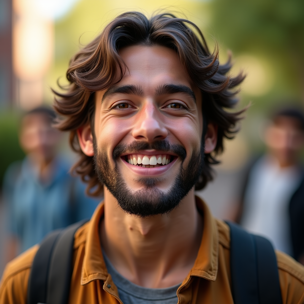 A man with a beard and long hair is smiling for the camera.