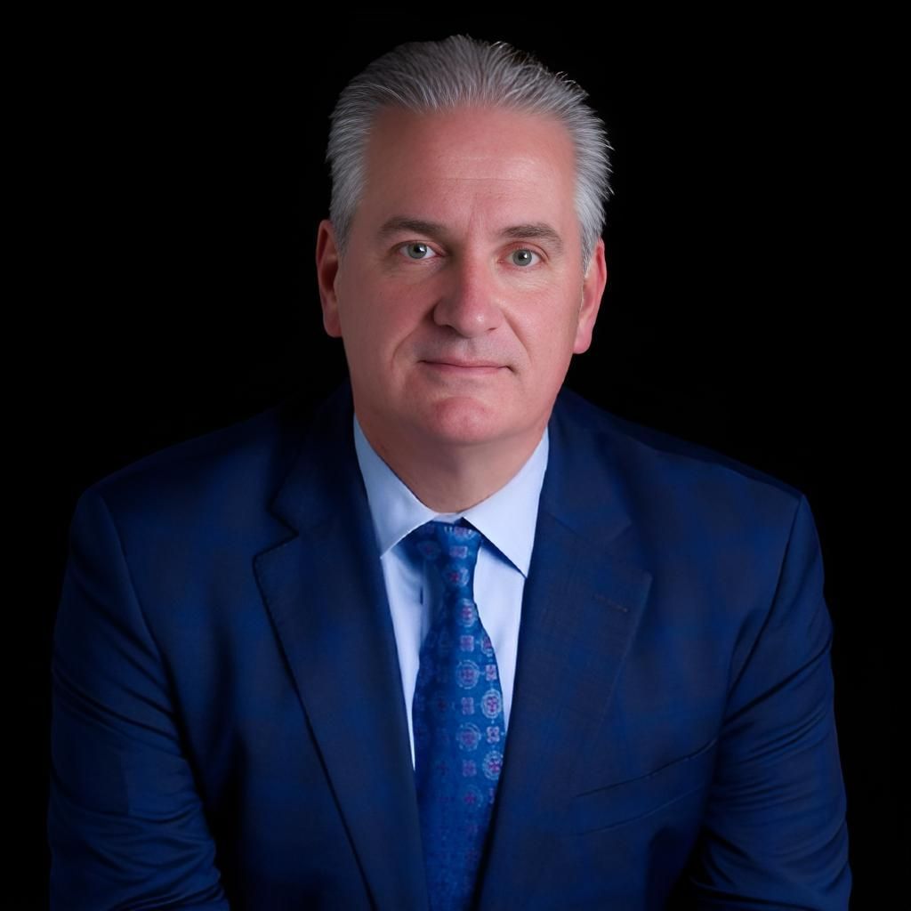 A man in a suit and tie is sitting in front of a black background.