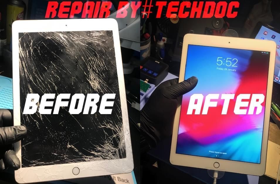 A before and after photo of a tablet with a broken screen