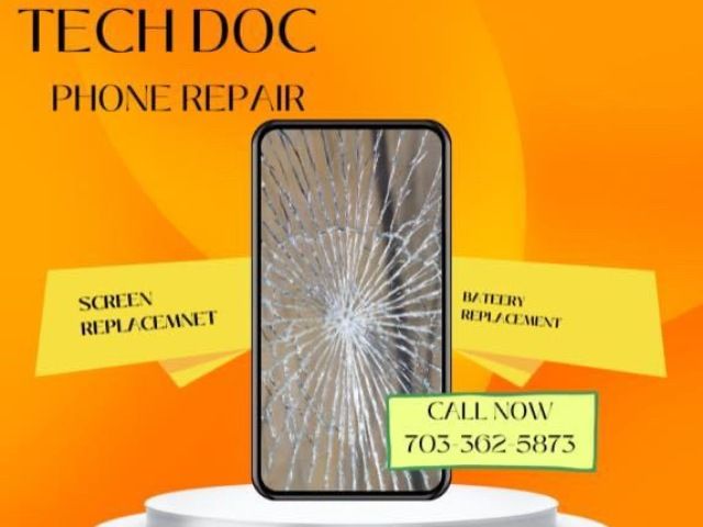 A phone with a broken screen is displayed on a tech doc phone repair advertisement