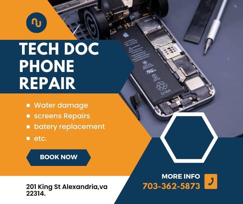 An advertisement for tech doc phone repair shows a phone being repaired