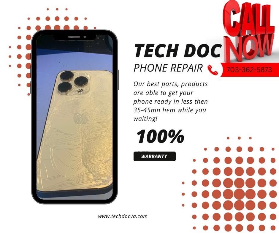 A phone with a broken back is being repaired by tech doc phone repair