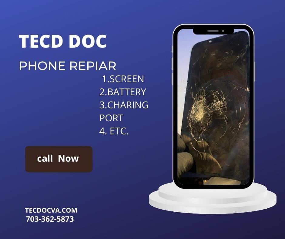 A phone with a broken screen is being repaired by tecd doc phone repair